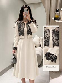 Modelyn Elegant Lace Patchwork Short Jacket & Sleeveless Dress Set - Black and Apricot - View 1