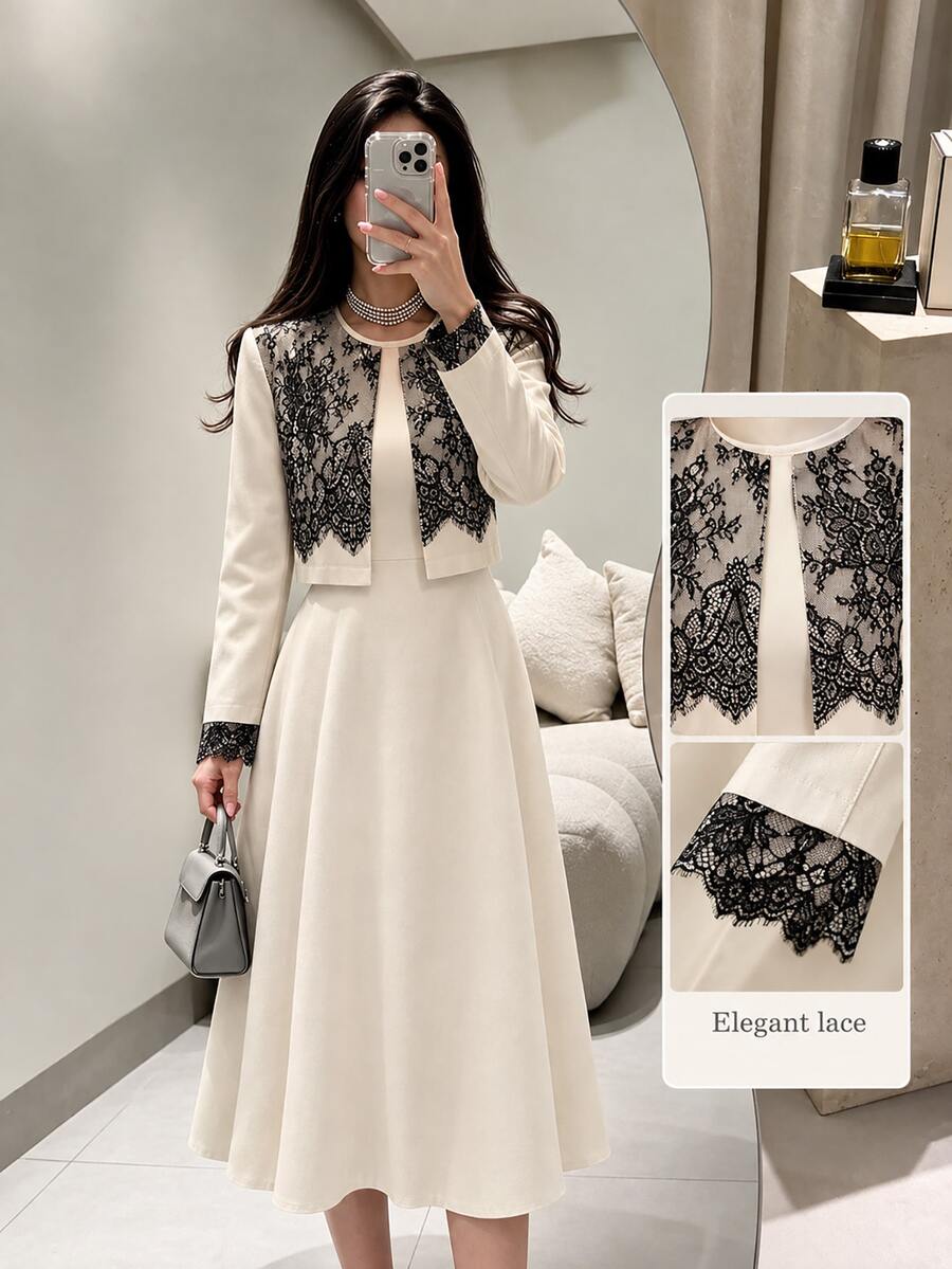 Modelyn Elegant Lace Patchwork Short Jacket & Sleeveless Dress Set - Black and Apricot - View 1