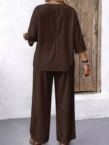 Weeklong 2pcs Plus Size Brown Solid Color Top And Casual Matching Kawaii Loose Comfortable Pants Set, Plus Size Solid Color Outfit Vacation Summer - Multicolor - View 2
