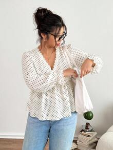 SHEIN Frenchy Plus Size Women's Contrast Lace V-Neck Polka Dot Pattern Long Sleeve Fashion Blouse - Apricot - View 6
