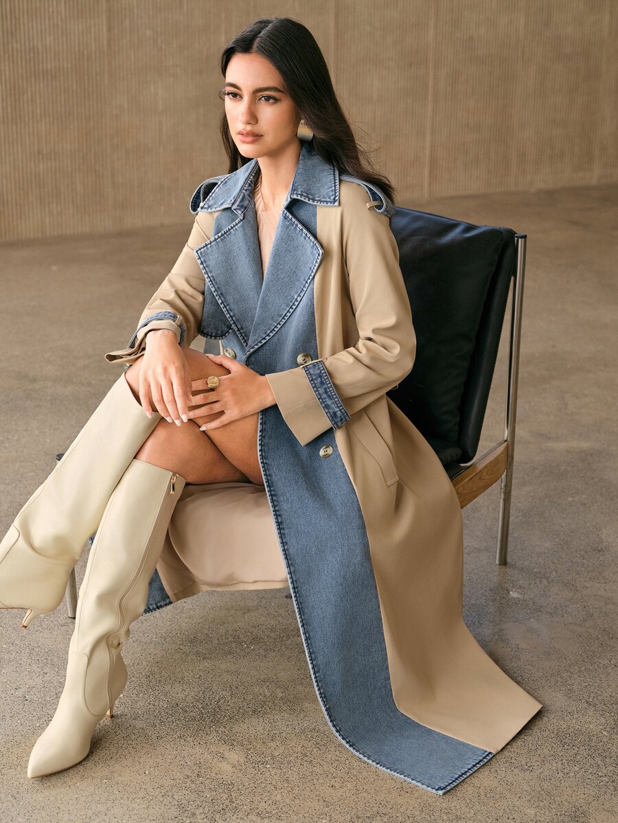 Anewsta Jaket & Mantel Denim Wanita Premium Musim Semi/Gugur, Model Double-Breasted dengan Detail Ikat Pinggang, Warna Putih & Biru, Cocok untuk Komuter. - Khaki - View 1
