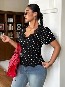 Rivivi Plus Size Women Polka Dot Contrast Lace V-Neck Short Sleeve Fashion Denim Top - Black - View 6