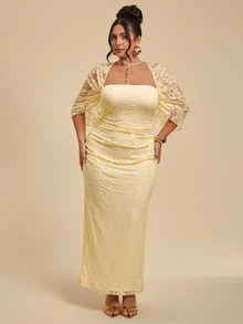 SHEIN BAE CURVE Plus Size Women's Yellow Lace Ruched Dress - Yellow - View 4