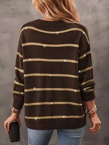 SHEIN Fall Daily Style V Neck Two Tone Stripe Drop Shoulder Knit Top - Coffee Brown - View 2
