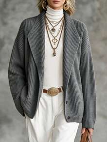 SHEIN Waterfall Collar Drop Shoulder Cardigan - Dark Grey - View 6