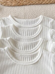 SHEIN 4件組男嬰簡單基礎純色羅紋紋理長袖圓領上衣多件套，適合日常穿著，春秋款 - 白色 - 查看 7