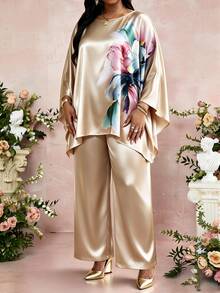 SHEIN Lady CURVE 大尺碼女款花卉印花上衣與長褲休閒日常兩件套 - 彩色 - 查看 3