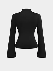 Sweetra Plus Size Women's Solid Color Casual Versatile Daily Long Sleeve T-Shirt - Black - View 2
