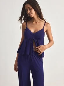 Ocili Women's Comfortable Modal Knit Fabric Lace V-Neck Cami & Long Pants Pajama Set - Navy Blue - View 4