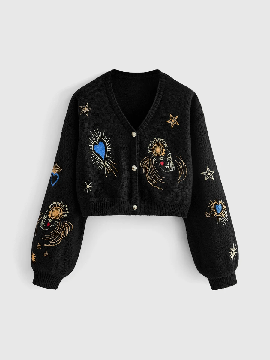 ROMWE Hippie Vintage Heart Portrait Star Moon Embroidered Loose Short Knit Cardigan Plus Size Women Fall Winter Sweater - Black - View 1