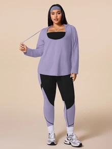 SHEIN Rhythm Era 大尺碼女款長袖連帽T恤與緊身褲對比色運動服套裝 冬季 - 彩色 - 查看 3