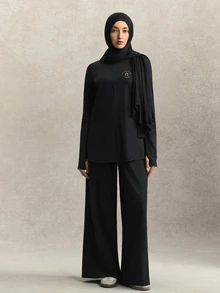 Activina Women's Muslim Modest Autumn Long Sleeve Activewear Set Loose Crew Neck Top Wide Leg Pants 2 Piece Yoga Gym Casual Outfit - Black - View 3