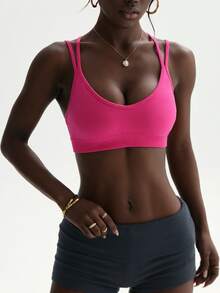 SHEIN Core Rhythm Seamless Knit Women's Sports Bra - Hot Pink - View 2