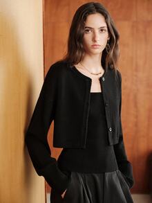 Anewsta Essential Women's Spring/Autumn High Waist Short Knit Cardigan, Round Neck Single-Breasted Loose Lantern Sleeve Commuter Versatile Jacket - Black - View 7