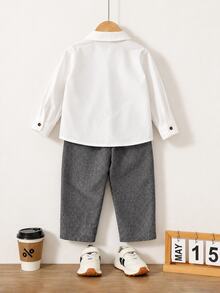 SHEIN Young Boy Contrast Color Lapel Long Sleeve Button-Down Shirt And Elastic Waist Long Pants 2 Pieces Set - White - View 2