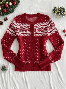Elamini Women's Casual Versatile Christmas Jacquard Knit Cardigan Sweater For Daily Wear, Autumn/Winter - Red - View 5