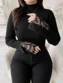 Dazy Plus Early Autumn New Korean Style Split Bell Sleeve Contrast Lace Sweater - Black - View 5