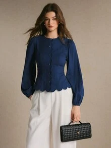 Poéselle Women's Elegant Button Textured Long Sleeve Waist-Cinching Blouse - Navy Blue - View 7