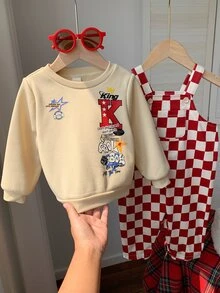 中性嬰兒男/女嬰、幼兒秋冬休閒可愛紅色格紋吊帶褲與衛衣套裝，嬰兒冬季服裝套裝，街頭風，聖誕節 - 紅色 - 查看 7