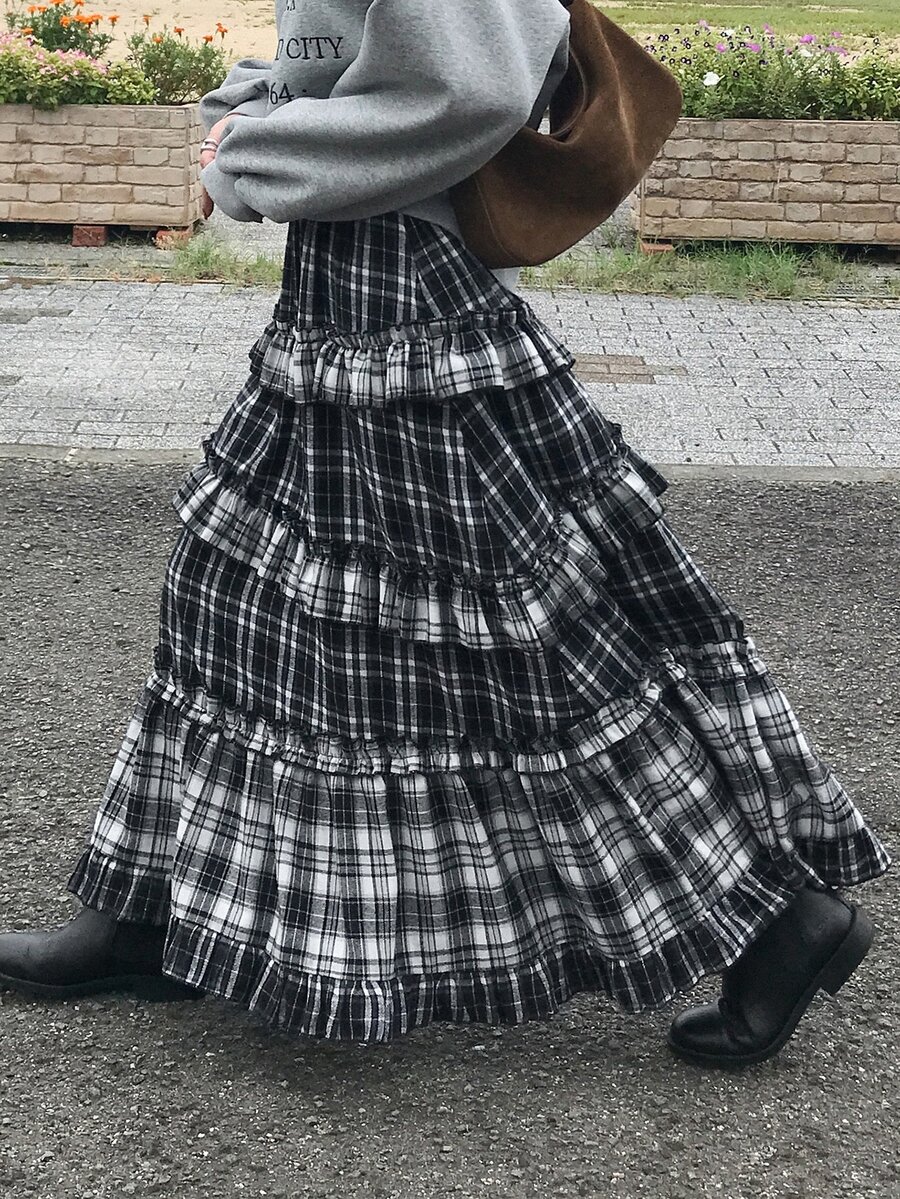FRIFUL Women's Plaid Pleated Casual Versatile Daily Wear Skirt - Grey - View 1