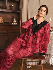 Côtesoire Plus Size Elegant Mature Floral Print Lace Patchwork Pajama Set, Southern French Style - Multicolor - View 6