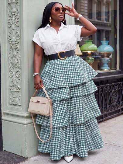 Slaydiva Gonna lunga elegante per appuntamenti autunno/inverno, Natale e vacanze, verde e bianca a pied-de-poule, con balze multistrato a torta, taglie forti