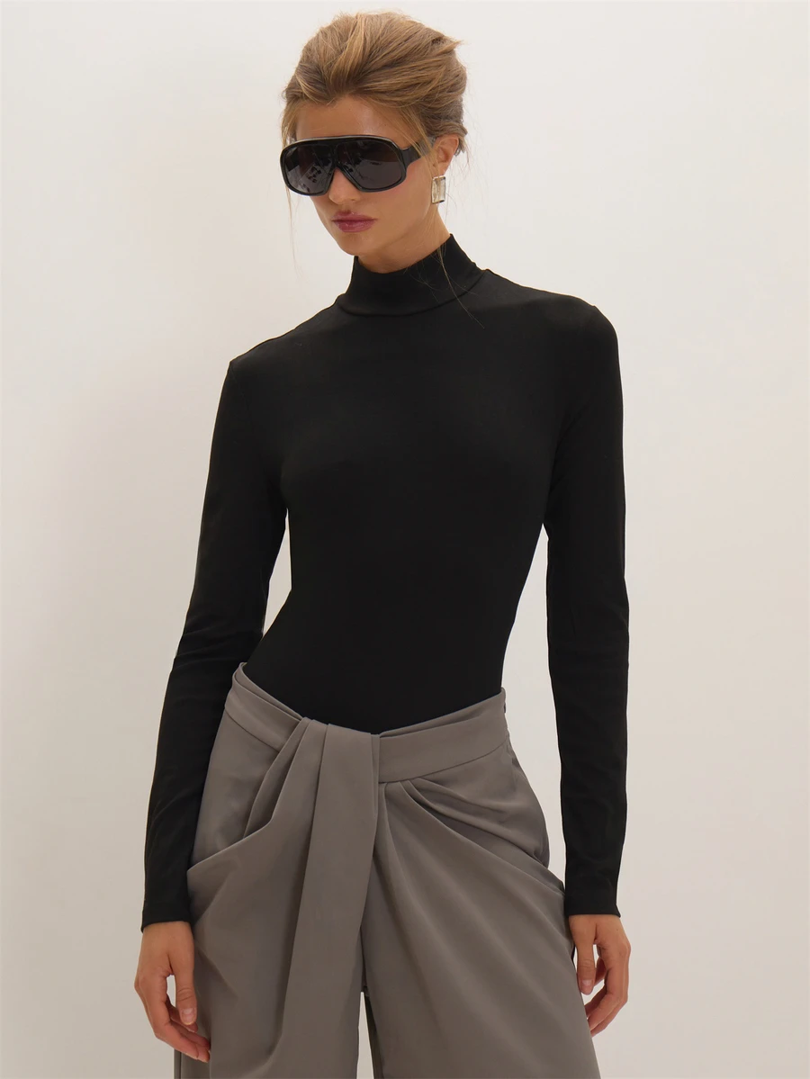 MUSEYN Black Jersey High Neck Bodysuit Versatile Lounge Everyday Date Night Chic New Season Fall - Black - View 1