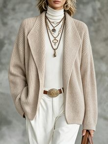 SHEIN 瀑布領落肩開襟衫 - 駝色 - 查看 5