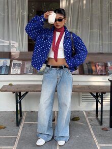 Muchica 大尺碼女款波點拉鍊時尚百搭日常休閒長袖夾克外套 秋季 - 寶藍色 - 查看 6
