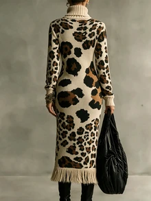 SHEIN Turtleneck Leopard Print Knit Dress, Women Long Sleeve Bodycon Midi Sweater Dress With Fringe Hem - Multicolor - View 3