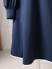 Rometta Plus Size Women Bowknot Decor Long Sleeve Casual Dress - Navy Blue - View 3