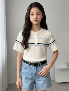 DAZY Basic Collared Striped Colorblock Short Sleeve T-Shirt For Tween Girls - Beige - View 6