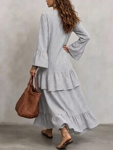 SHEIN Women's Striped V-Neck Casual Party Long Dress - Grey - View 2