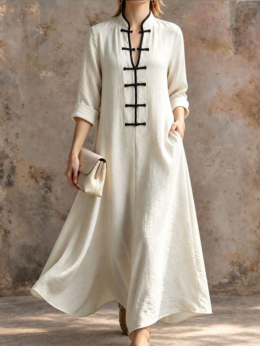 SHEIN Women's Vacation Contrast Color Textured Long Sleeve Dress With Frog Buttons - Multicolor - View 1