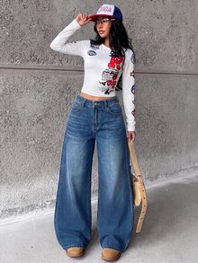 SHEIN Celana Jeans Anak Perempuan Gaya Kasual Y2K Biru Longgar dan Nyaman, Sederhana dan Mendasar - Biru - View 4