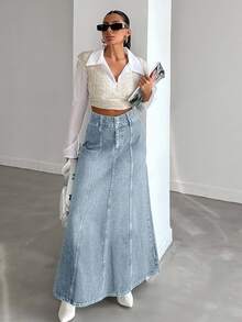 SHEIN Tall Tall High Waist Casual Style Light Blue Wash Regular Fit Double Button Long Denim Skirt - Light Wash - View 6