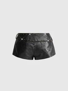 ROMWE Hippie Sexy Hot Girl Low Waist Bodycon PU Rivet Women's Shorts - Black - View 2