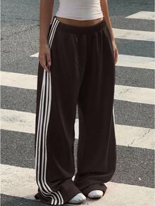 青少年女孩拼色鬆緊腰休閒日常運動長褲，秋冬季，秋季，秋季服飾，長袖上衣，聖誕節/萬聖節 - 咖啡棕 - 查看 1