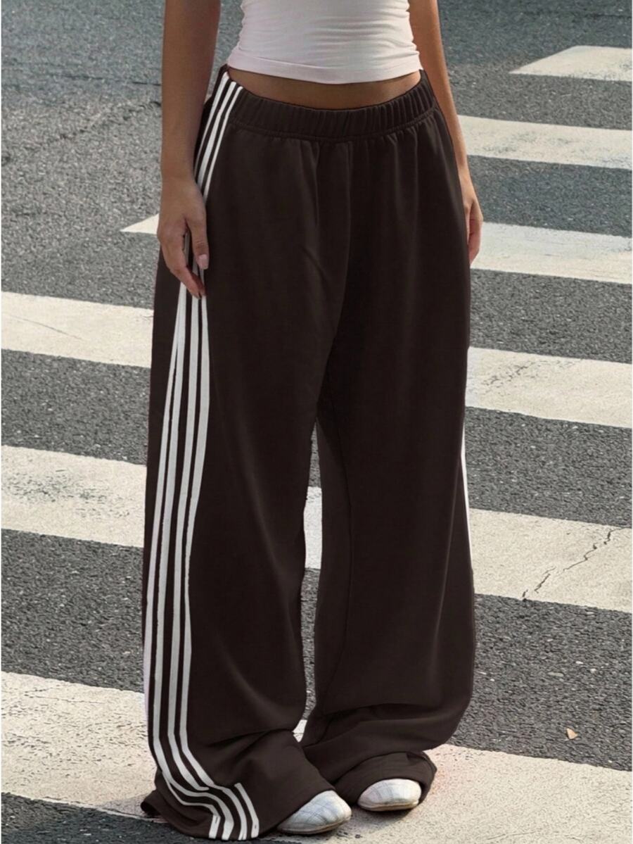 青少年女孩拼色鬆緊腰休閒日常運動長褲,秋冬季,秋季,秋季服飾,長袖上衣,聖誕節/萬聖節 - 咖啡棕 - 查看 1