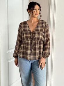 Lounesse Plus Size Women's Plaid Front Tie Long Sleeve Casual Shirt - Brown - View 5