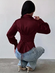Firerie 女款深棕色長袖襯衫，綁帶收腰設計，休閒性感，適合辦公室、早午餐、夜晚外出，秋季優雅波西米亞風，春夏工作穿搭 - 酒紅色 - 查看 10