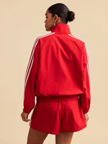 Travachic Women's Fashion Embroidered Hollow Long Sleeve Jacket And Striped Colorblock Shorts 2 Pieces Set - Red - View 2