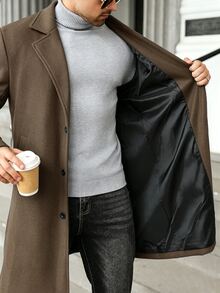 Manfinity Homme 大尺碼男士純色翻領單排扣大衣，男士長袖黑色外套，適合秋冬穿著 - 棕色 - 查看 6
