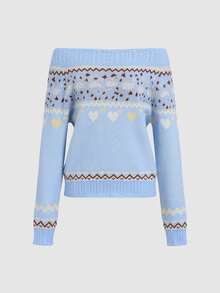 Sweetra Fair Isle Jacquard Off-Shoulder Long Sleeve Fashion Sweater - Multicolor - View 1