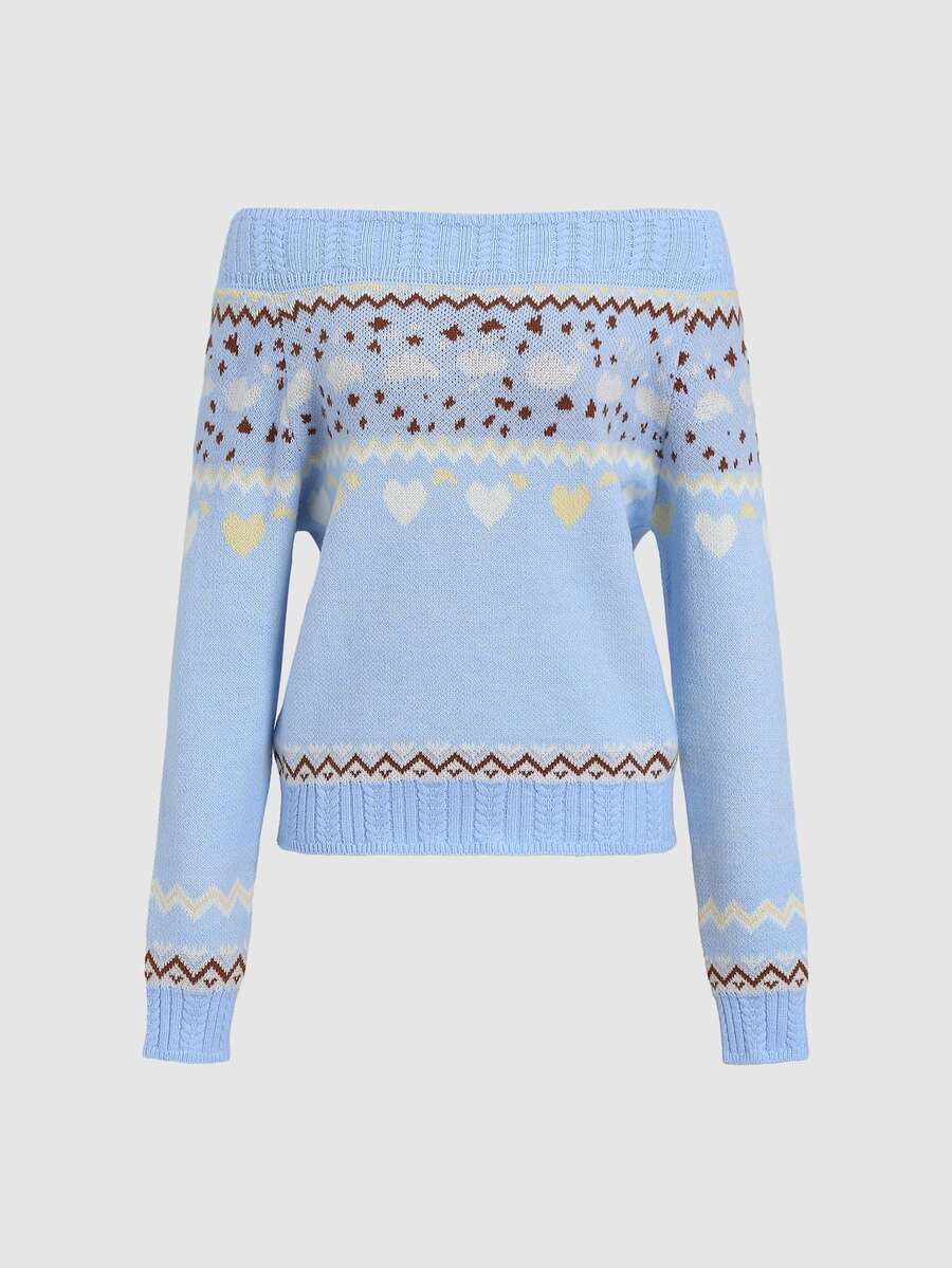 Sweetra Fair Isle Jacquard Off-Shoulder Long Sleeve Fashion Sweater - Multicolor - View 1