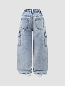 SHEIN Tween Girls Graffiti Heart Letter Print Y2K Style Light Blue Printed Simple Casual Loose Wide Leg Distressed Ripped Vintage Washed Denim Jeans - Blue - View 2