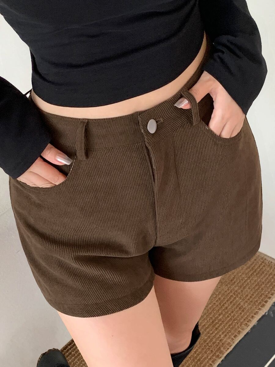 DAZY 女款棕色燈芯絨高腰直筒鈕扣休閒復古街頭風學院風辣妹短褲,秋冬款 - 棕色 - 查看 1