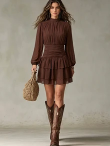 SHEIN PariChic Women's Solid Color Pleated Casual Daily Summer Short Dress - Coffee - View 5