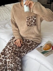 Napfluff Women's Casual Leopard Print Coral Fleece Thick Plush Pajama Set - Multicolor - View 1