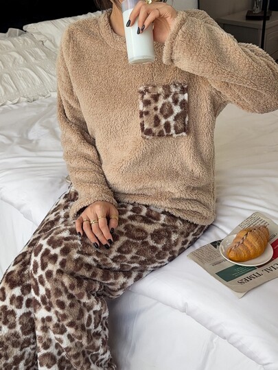 Napfluff Women's Casual Leopard Print Coral Fleece Thick Plush Pajama Set